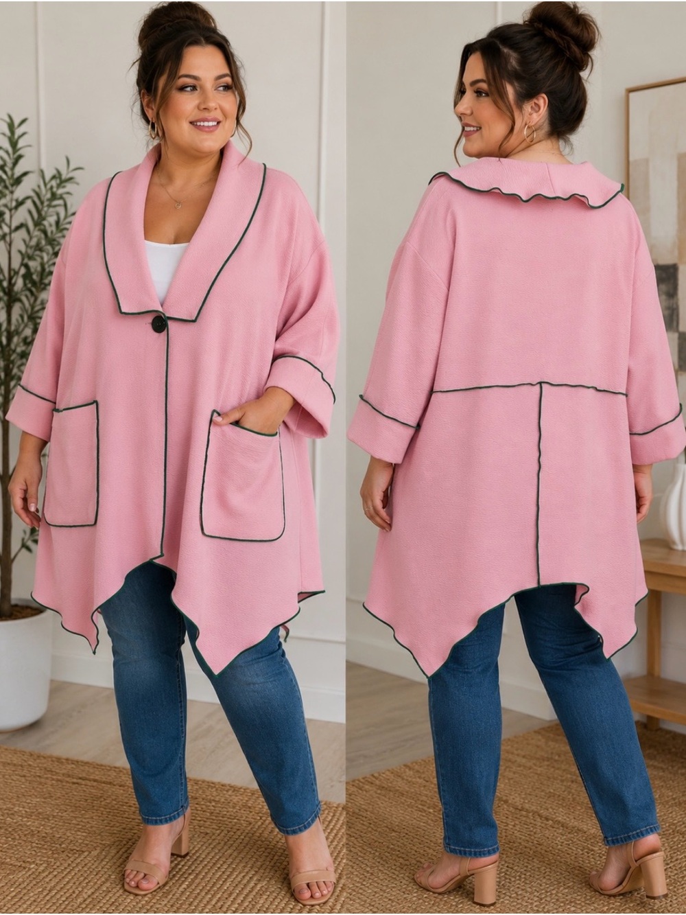 Shack0042 Pink Textured Shawl Collar
Cardigan Jacket Green Trim NWT Oversized